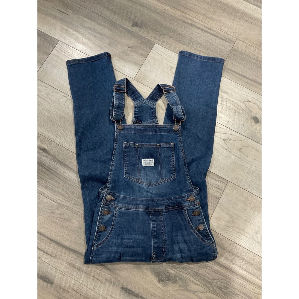 Wallflower Womens Denim Overalls Dark Wash Stretch Slim Straight Leg XS